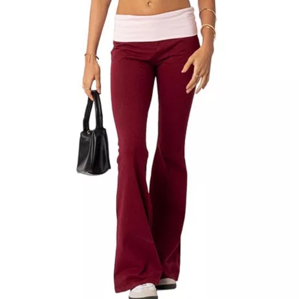 Edikted S13956 Contrast Fold Over Flared Leggings XS Burgundy Pink Two Tone